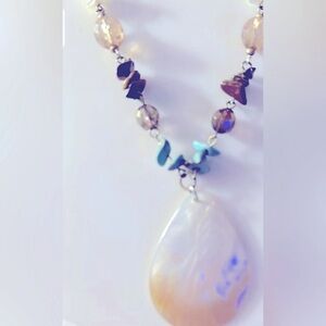 Cookie Lee necklace Turquoise, Tiger Eye, Mother-of-pearl beads MOP teardrop 18”